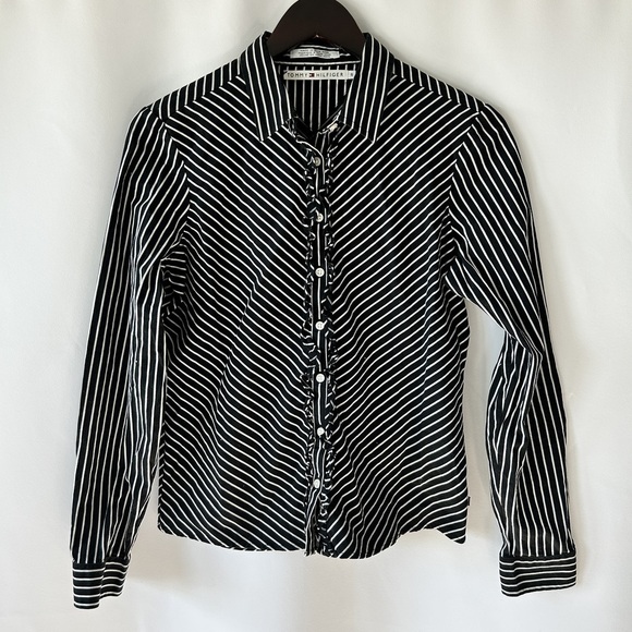 Tommy Hilfiger Women's Button Down Black & White Striped Ruffle Blouse Size 8 - Picture 1 of 11